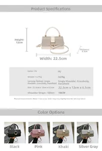 Detailed size specifications and color options for the sequined crossbody flap bag