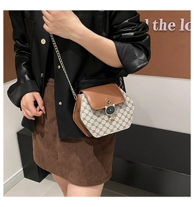 Détail du sac bandoulière hexagonal monogramme avec chaîne dorée et fermoir chat en métal