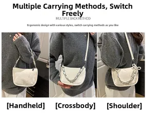 Présentation du sac demi-lune crème montrant les styles bandoulière, épaule et à main