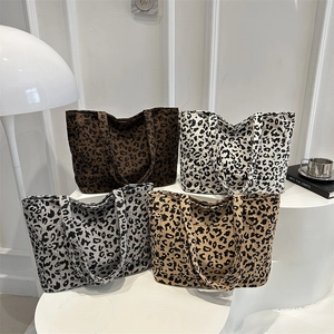 Sac Fourre-Tout En Velours Côtelé À Imprimé Léopard Grande Capacité Sac À Épaule De Banlieue Avec Fermeture Éclair Femmes