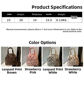 Detailed size chart and multi-color pattern options for corduroy strawberry tote bags