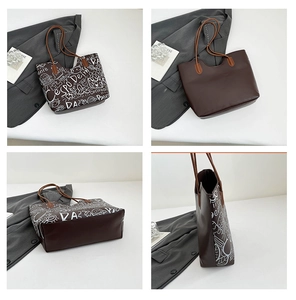 Dettaglio di una grande borsa tote marrone con stampe graffiti bianche in quattro angolazioni