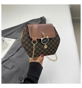 Détail d'un sac bandoulière hexagonal avec motif monogramme et pendentif en chat