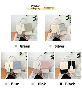 Close-up of stylish contrast color leather handbags with fashion tag in five colors