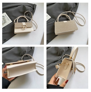 Detailed views of a cream handbag featuring a gold sequined flap and a D-ring clasp