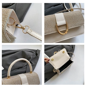Detail showing white leather and gold sequin luxury handbag with elegant metal D-buckle