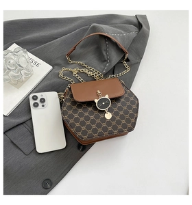 Détail d'un sac bandoulière hexagonal avec breloque chat et chaîne à côté d'un smartphone