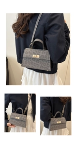 Detail der grauen Handtasche mit Leopardenmuster, Goldverschluss und Schultergurt