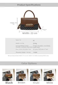 Detailed chart showing retro bicolor handbag dimensions, PU material, and four color options