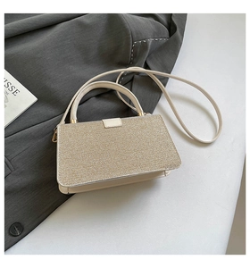Close-up of beige sequined crossbody bag with creamy leather trim and gold hardware