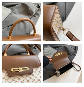 Detailed view of the luxury patchwork handbag featuring gold chain clasp and premium texture