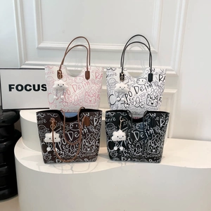 Borsa Tote Grande Capacità Pelle PU Stampa Graffiti Scarabocchio Motivo Gatto Cartone Animato Stile Coreano Casual Donna