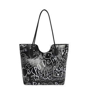 Borsa tote in pelle nera con motivi graffiti bianchi e sottili spalline da donna