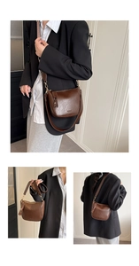 Three-way view of brown PU leather saddle bag showing adjustable straps and fashion detail