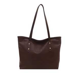 Large dark brown tote bag in mixed crocodile texture leather with gold metal rivets