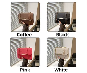 Detail view of quilted chain crossbody bags in coffee, black, red, and white colors
