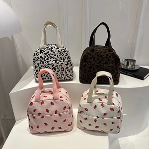 Corduroy Mini Handbag Strawberry Leopard Print Cute Small Tote Casual Portable Lunch Bag For Women Girls