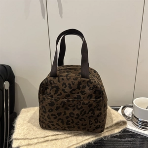 Chic leopard print corduroy lunch tote bag with double handles for stylish women