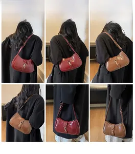 Collage of chic crescent underarm bags in burgundy and brown with gold buckles