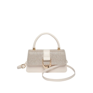 Minimalist square crossbody bag with beige leather and metallic weave texture