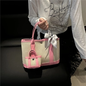 Canvas Tote And Mini Bag Polyester Leather Trim Contrast Color Scarf Decoration Casual Urban Fashion Handbag Women