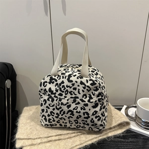 Cute leopard print corduroy lunch tote bag with white cotton handles for daily use