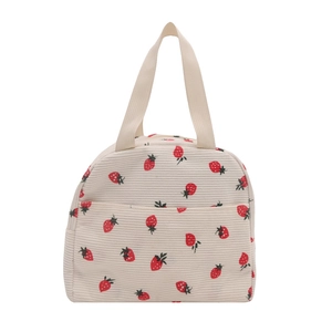 Corduroy strawberry print tote bag with front pocket and durable top handles