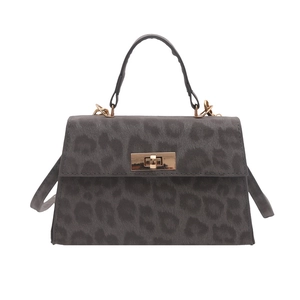 Minimalist dark gray leopard print handbag with gold metal lock for women fashion