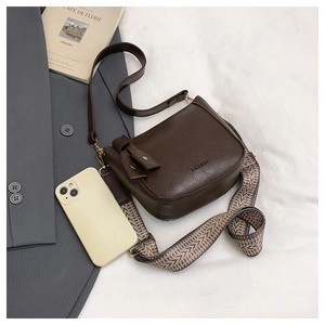 Deep brown PU leather crossbody bag with wide ethnic strap and fashion letter print