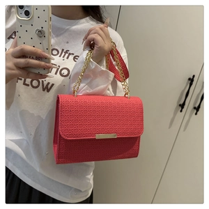 Detail of red crossbody bag with woven texture, gold chain, and metal buckle