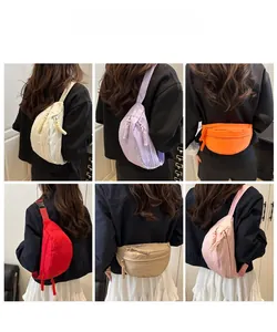 Collage of multi-color nylon fanny packs showing various ways to wear the crossbody bags
