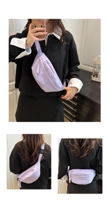 Veelzijdige lichtpaarse nylon heuptas getoond in diverse crossbody- en taille-stijlen