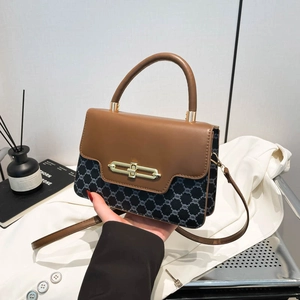 Retro patchwork crossbody handbag with brown leather flap and monogram canvas pattern