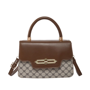 Retro contrast color shoulder bag with vintage monogram patterns and gold metal buckle