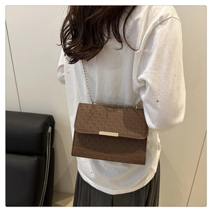 Close-up of brown woven texture bag with gold chain strap on a model's shoulder
