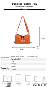Spécifications de taille pour la sacoche orange en nylon avec dimensions et capacité réelle