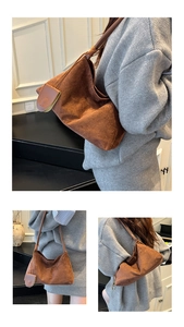Detailed view of brown suede hobo bag with adjustable strap and detachable pouch accessory