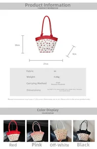 Detailed chart showing cherry print tote dimensions and four available color options