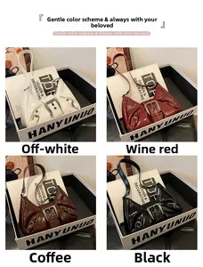 Collage showing four vintage faux leather shoulder bags in white, red, brown and black