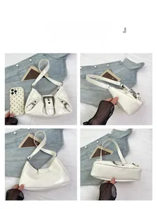 Four-angle view of a vintage white hobo shoulder bag with a large metallic buckle