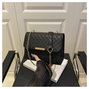 Close-up of black woven texture shoulder bag with golden metal buckle and chain strap