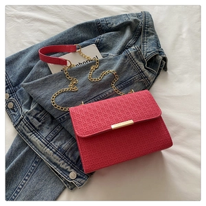 Close-up of rose pink woven leather crossbody bag with gold chain strap and metal clasp