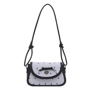 French style contrast bow shoulder bag with black and white texture and heart charm