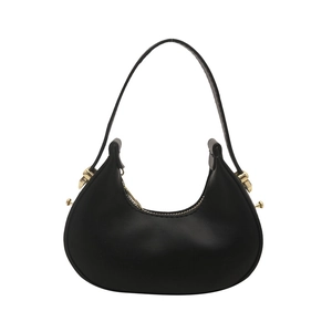 Elegant black crescent hobo bag with smooth finish and gold-toned metal hardware