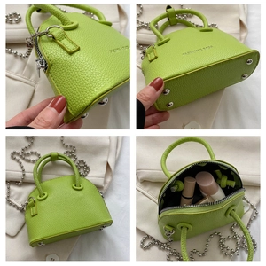 Mini lime green shell bag with litchi texture shown in four angles with chain strap