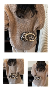 Detail of leopard print mini crossbody bag with gold buckle and chain strap on model