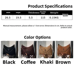 Size chart and dimensions for the fringed faux suede tote bag with rivet details