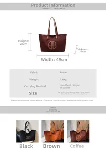 Size chart showing large suede tote bag dimensions and brown, black, coffee colors