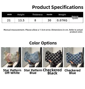 Size chart and color display for small checkered shoulder bag with fringe detail