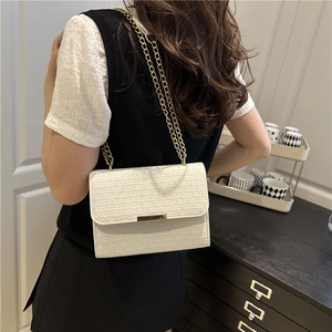 Woven texture beige crossbody bag with gold chain strap shown on a female model